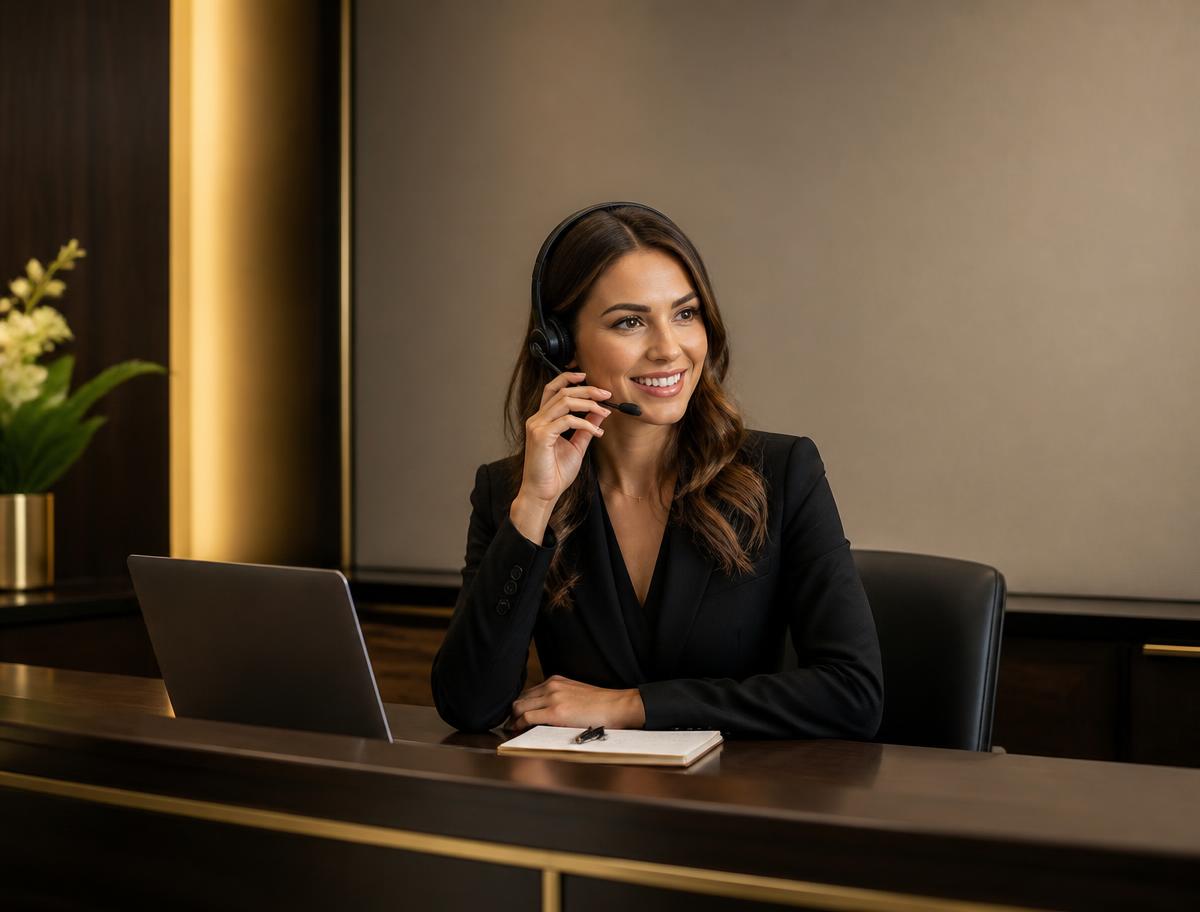 Professional receptionist answering calls at Barros Executive Center